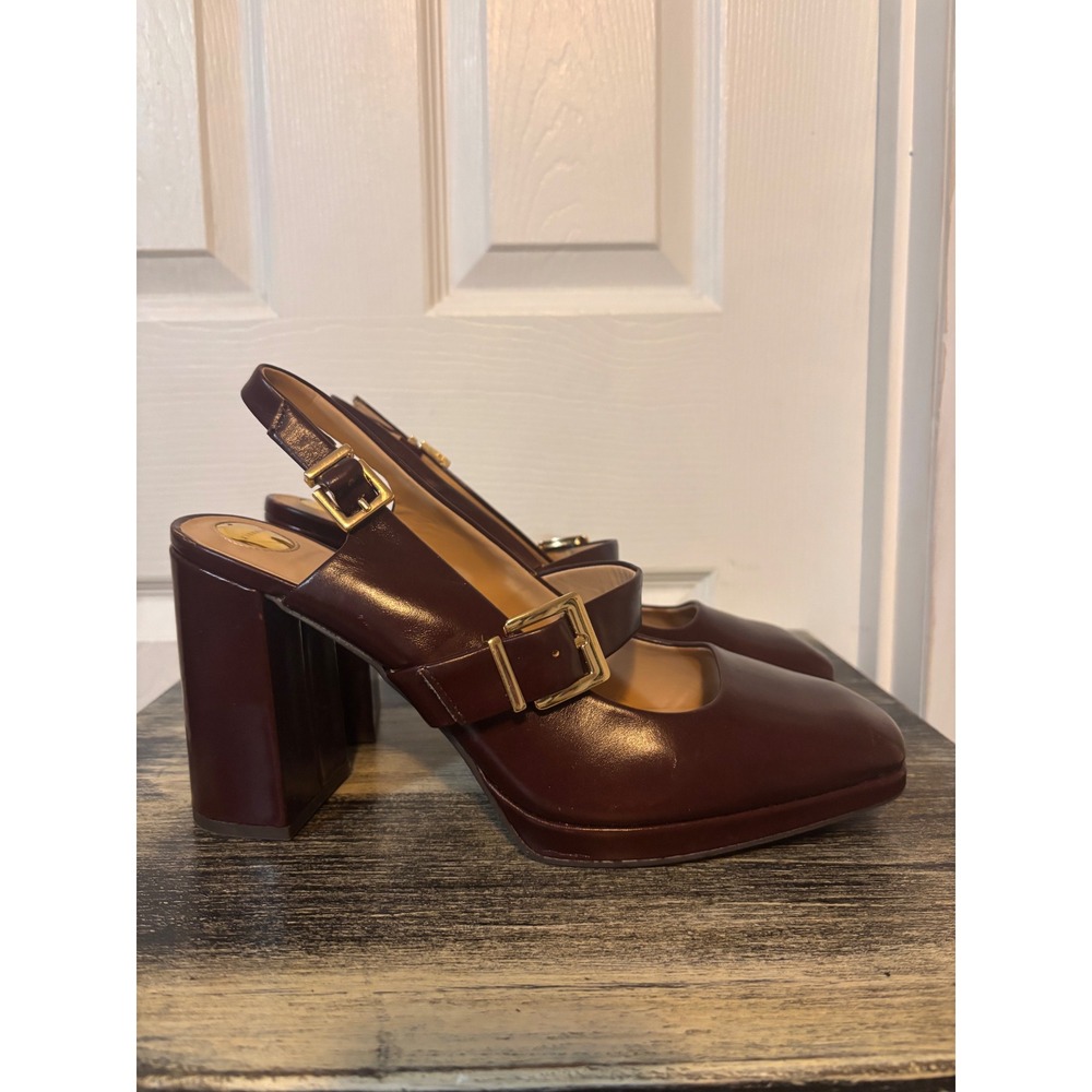 Gianni Bini Burgundy Leather Square Toe Block Heel Slingback Mary Jane Pumps 12M